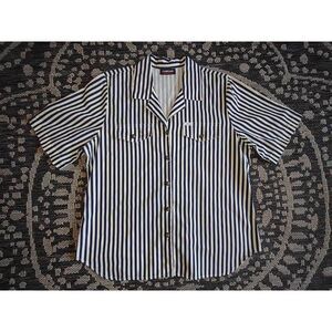 5/$25 Sz 14 VTG Cabrais Blouse Navy Striped Button Front S/S Collared Nautical
